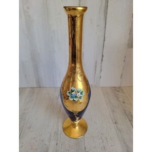 vintage bohemian cobalt blue glass vase vintage golden trim flower floral art